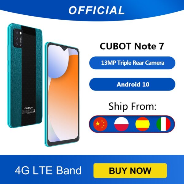 Cubot Note 7 Smartphone Triple Camera 13MP 4G LTE 5.5 Inch Screen 3100mAh Android 10 Dual SIM Card mobile phone Face Unlock 1