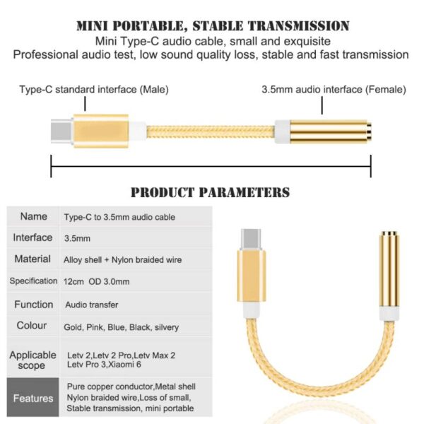 VOXLINK Braided Cable Adapter USB-C Type C To 3.5mm Jack Headphone Cable Audio Aux Cable Adapter for Xiaomi Huawei Smart Phone 5