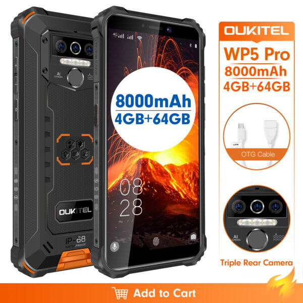 OUKITEL WP5 Pro 8000mAh 4G Smartphone IP68 Waterproof 4GB 64GB Mobile Phone Android 10 Triple Camera Face/Fingerprint ID 5.5 3