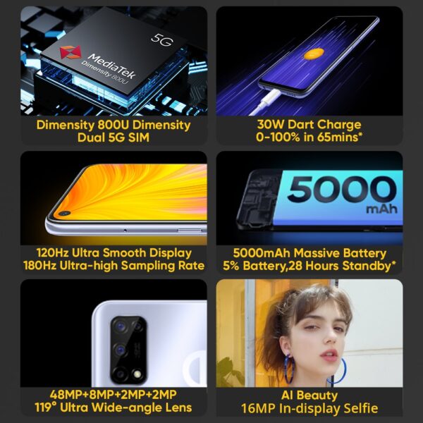 realme 7 5G Dimensity 800U 6GB 128GB 120Hz Display 48MP Camera 5000mAh Global Version 30W Dart Charger 2