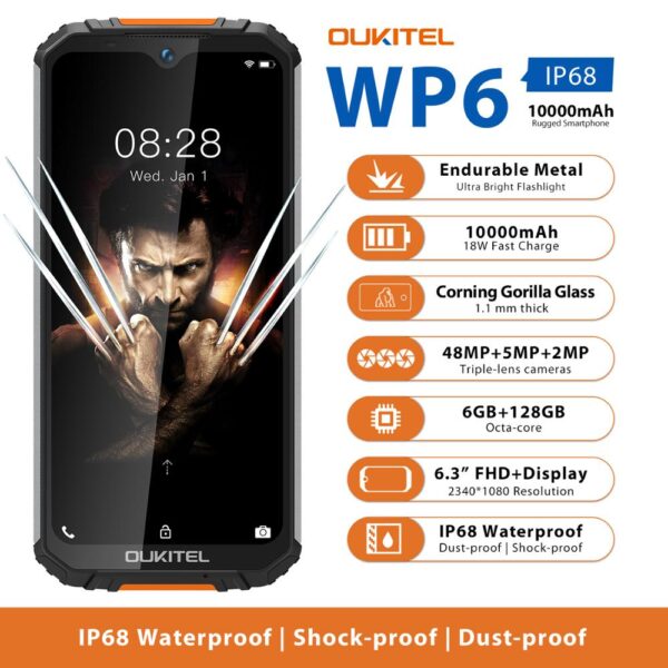 OUKITEL WP6 Ip68 Rugged Waterproof Smartphone MT6771T Octa Core 9V/2A 10000mAh Battery 48MP Triple Camera 6GB 128GB Mobile Phone 1