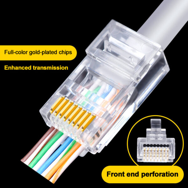 OULLX 20/50/100pcs RJ45 Connector Gold PlatedPass Through Ethernet Cables Module Plug Network RJ-45 Crystal Heads Cat5 Cat5e 6