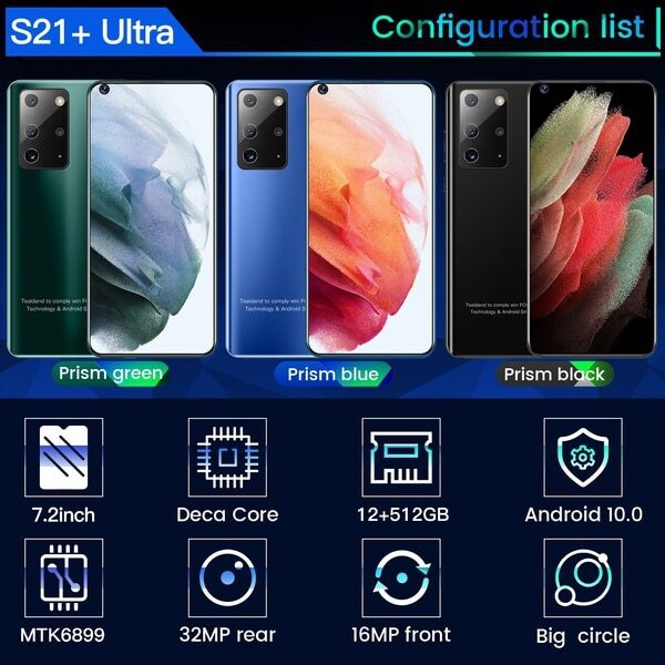 Galay S21+ Ultra 7.2 Inch Smartphone 5800mAh Unlock Global Version 4G 5G Android 10.0 16MP+32MP 12GB+512GB Celulares Smartphone 2