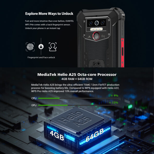 OUKITEL WP5 Pro IP68 Waterproof Smartphone 8000mAh Android 10 Triple Camera 5.5 inch Display Fingerprint 4GB 64GB Mobile Phone 3