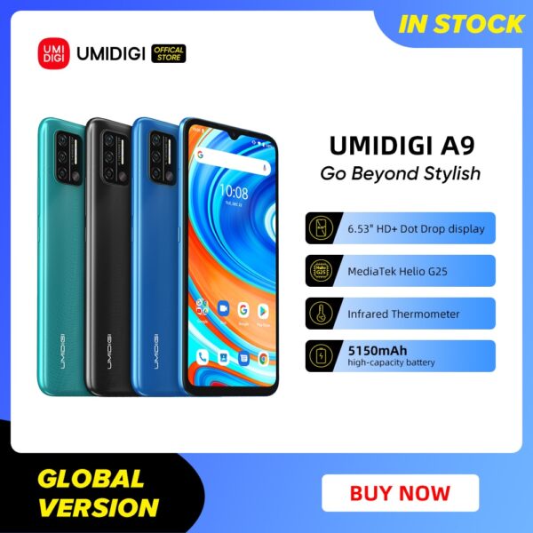 In Stock UMIDIGI A9 Smart Phone Android 11 Global Version 13MP AI Triple Camera Helio G25 Octa Core 6.53 1