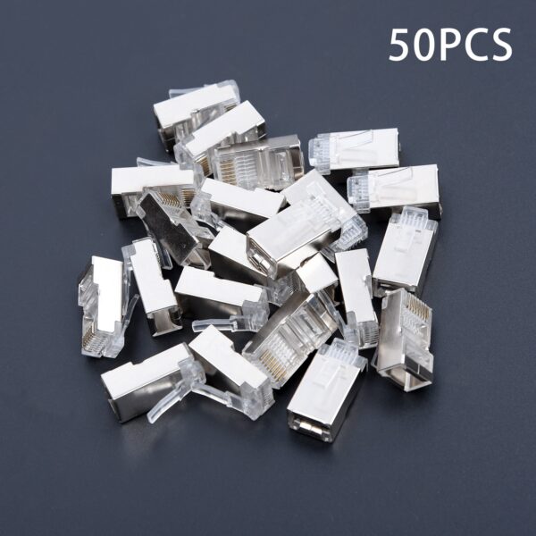 50pcs RJ45 shielded connector cat5e Cat6 3U Hole network rj45 Connector Plugs RJ45 ethernet cable 23AWG Crystal Head 8 Line Slot 1