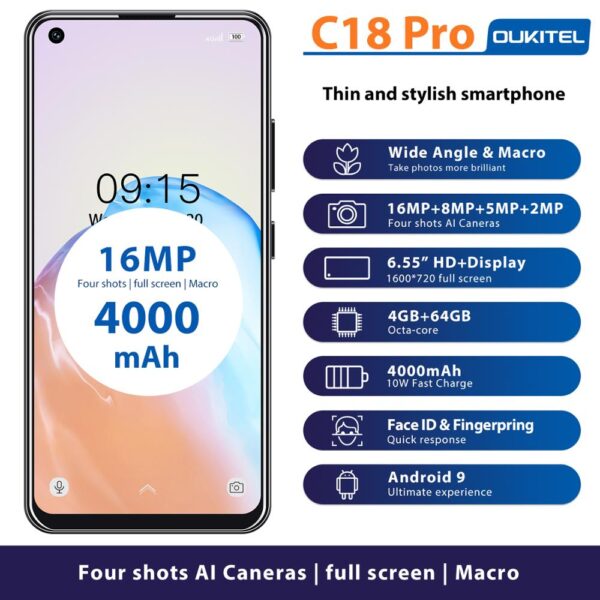 4G LTE Android 9.0 Smartphone OUKITEL C18 Pro 4G RAM 64G ROM Mobile Phon 6.55 1