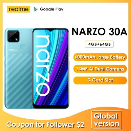 realme Narzo 30A Global Version Smartphone 4GB 64GB Helio G85 6.5 Inch Fullscreen 13MP AI Dual Camera 6000mAh 18W Quick Charge 1