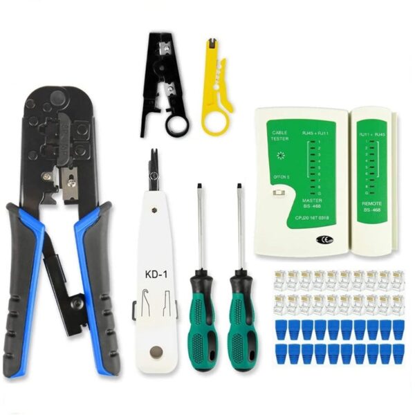 RJ45 Crimp Tool Kit Cat5 Cat5E Crimping Tool,RJ-11,6P/RJ-12,8P/RJ-45 Crimp Tool,Network Cable Tester and Wire Stripper 1