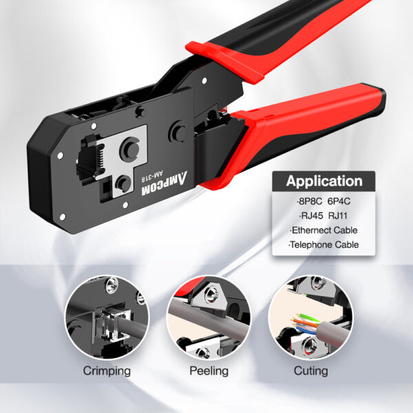 AMPCOM RJ45 Crimping Tool Ethernet Network LAN Cable Crimper Cutter Stripper Plier Modular 8P RJ45 and 6P RJ12 RJ11 5
