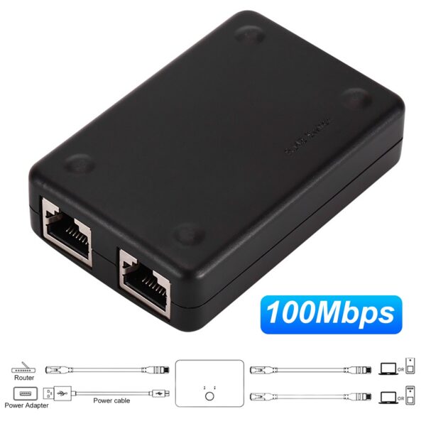 100M Mini Portable Dual Port Network Ethernet Box Switch Converter Input and Output Adapter LAN Sharing Device 2
