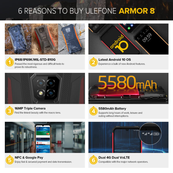 Ulefone Armor 8 IP68 Rugged Mobile Phon 6.1 inches Android 10 Phone 4GB+64GB Play Store Smartphone Helio P60 Octa-core WiFi 2