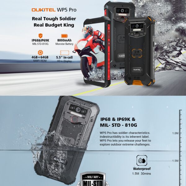 OUKITEL WP5 Pro IP68 Waterproof Smartphone 8000mAh Android 10 Triple Camera 5.5 inch Display Fingerprint 4GB 64GB Mobile Phone 4
