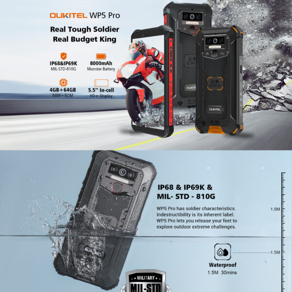 OUKITEL WP5 Pro IP68 Waterproof Smartphone 8000mAh Android 10 Triple Camera Face/Fingerprint ID 5.5 inches 4GB 64GB Mobile Phone 4