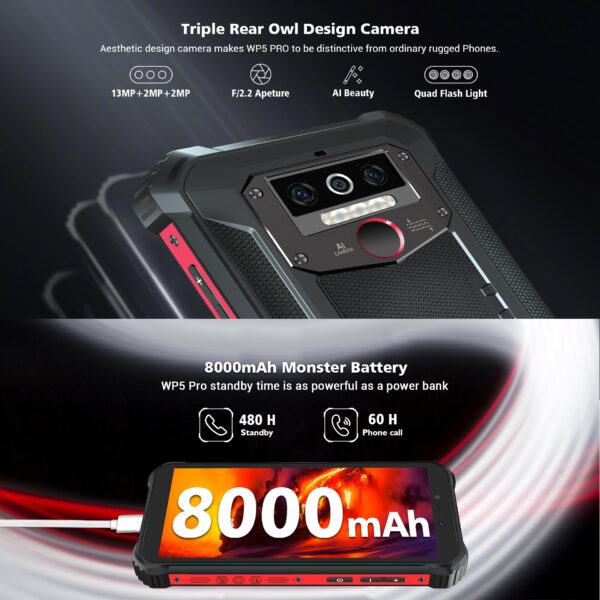 OUKITEL WP5 Pro IP68 Waterproof Smartphone 8000mAh Android 10 Triple Camera Face/Fingerprint ID 5.5 inches 4GB 64GB Mobile Phone 2