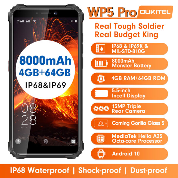 OUKITEL WP5 Pro 8000mAh 4G Smartphone IP68 Waterproof 4GB 64GB Mobile Phone Android 10 Triple Camera Face/Fingerprint ID 5.5 2