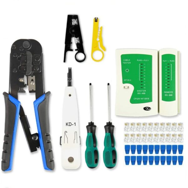 RJ45 Crimp Tool Kit Cat5 Cat5E Crimping Tool,RJ-11,6P/RJ-12,8P/RJ-45 Crimp Tool,Network Cable Tester and Wire Stripper 1