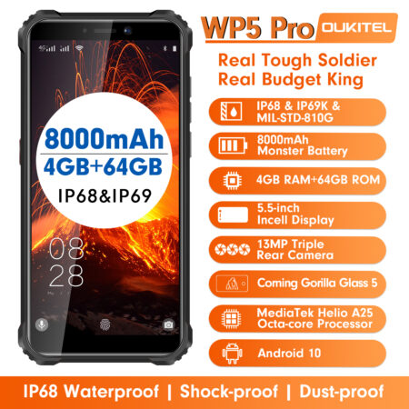 OUKITEL WP5 Pro Smartphone IP68 Waterproof 4GB 64GB Mobile Phone 8000mAh Android 10 Triple Camera Face/Fingerprint ID 5.5 inches 1