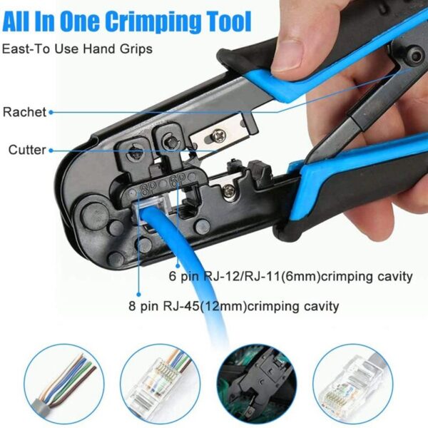 RJ45 Crimp Tool Kit Cat5 Cat5E Crimping Tool,RJ-11,6P/RJ-12,8P/RJ-45 Crimp Tool,Network Cable Tester and Wire Stripper 6