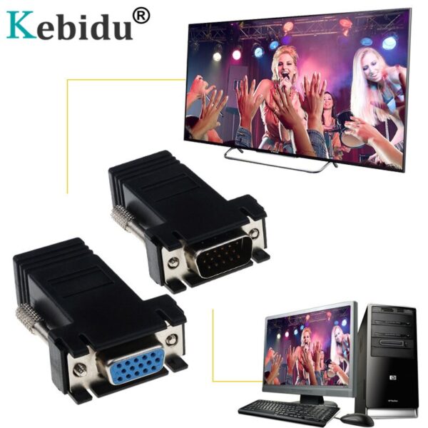 Kebidu RJ45 to VGA Extender Male to LAN CAT5e CAT6 RJ45 Network Ethernet Cable Female Adapter Computer Extra Switch Converter 2