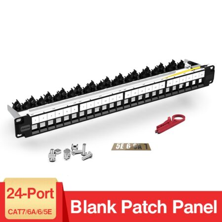 AMPCOM 24-Port Blank Keystone Patch Panel, 1U STP/UTP ,19 inch Rack Wall Mount with Rear Cable Management Panel, RJ45 Ethernet 1