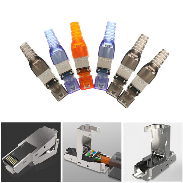 Tool-Free Shielded Crystal Head Ftp RJ45 Cat 7/Cat6A/Cat8 Termination Plug Cat7 Connector Cat6A Connectors Modular 22-26AWG 2