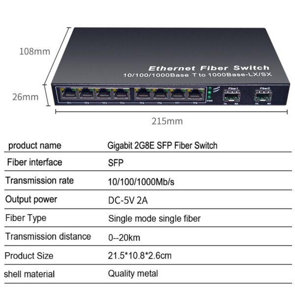 Gigabit Network SFP Fiber Switch 1000Mbps SFP Media Converter 2 SFP Fiber Port and  8 RJ45 Port 2G8E Fiber Ethernet Switch 4