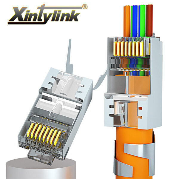 xintylink CAT8 CAT7 CAT6A rj45 connector 50U RJ 45 ethernet cable plug network SFTP FTP shielded jack 1.5mm hole pass through 1