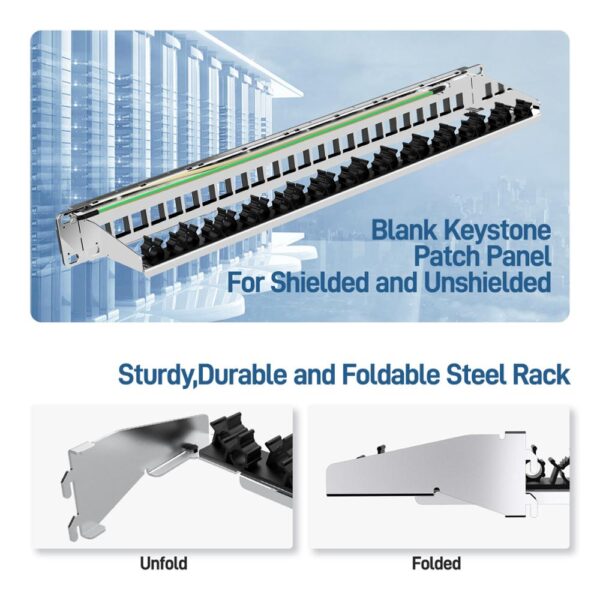 AMPCOM 24-Port Blank Keystone Patch Panel, 1U STP/UTP ,19 inch Rack Wall Mount with Rear Cable Management Panel, RJ45 Ethernet 3