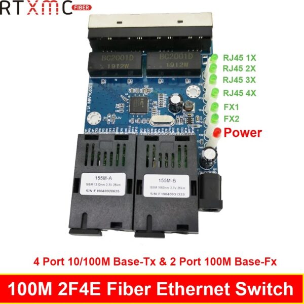 5 PCS 4 Port Fast Erhetnet  2F4E 10/100M Ethernet Switch 2 Fiber Port SC 25KM 4 UTP RJ45 Fiber Optical Switch PCB Board 2