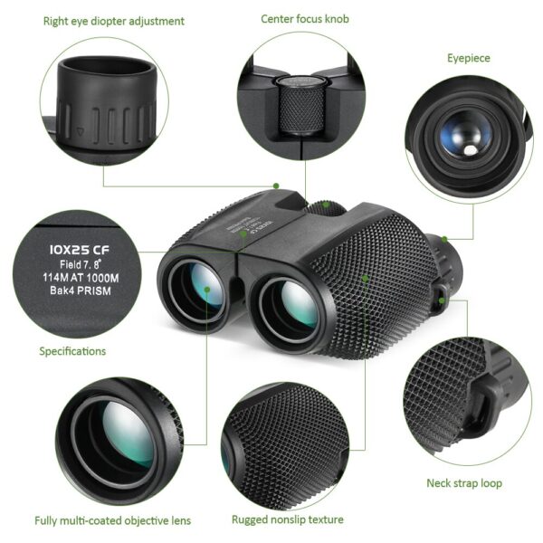 Professional Binoculars 10x25 BAK4 Prism High Powered Zoom Binocular Portable Hunting Telescope Pocket Scope for Sports Ttravel 6