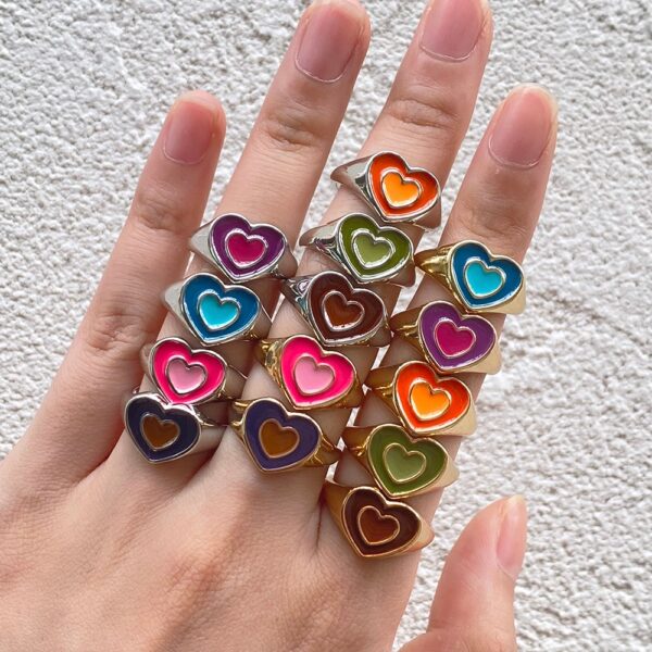 New Ins Creative Cute Colorful Double Layer Love Heart Ring Vintage Drop Oil Metal Heart Rings For Women Girls Fashion Jewelry 2