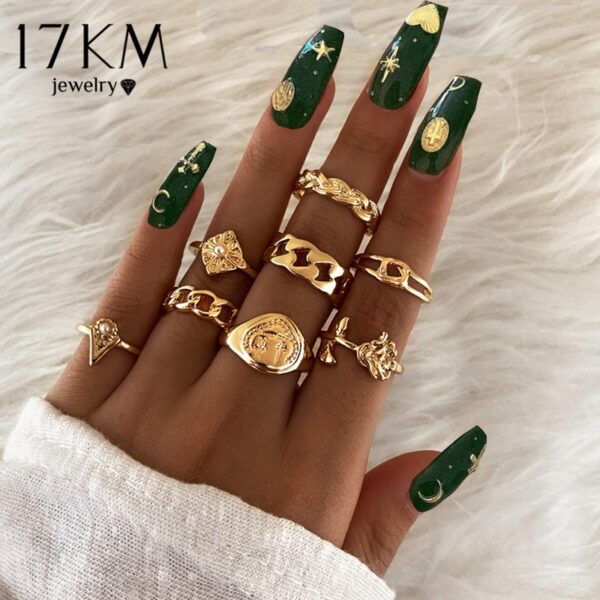 17KM Bohemian Gold Chain Rings Set For Women Fashion Boho Coin Snake Moon Rings Party 2021 Trend Jewelry Gift 1