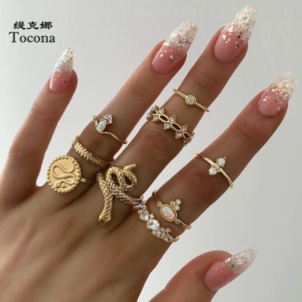 Tocona 9pcs/sets Luxurious Gold Rings for Women Hard Clear Crystal Stone Snake Hollow Round Geometric Jewelry бижутерия 7054 1