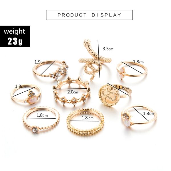 Tocona 9pcs/sets Luxurious Gold Rings for Women Hard Clear Crystal Stone Snake Hollow Round Geometric Jewelry бижутерия 7054 2