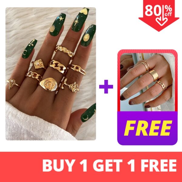 17KM Bohemian Gold Chain Rings Set For Women Fashion Boho Coin Snake Moon Rings Party 2021 Trend Jewelry Gift 2