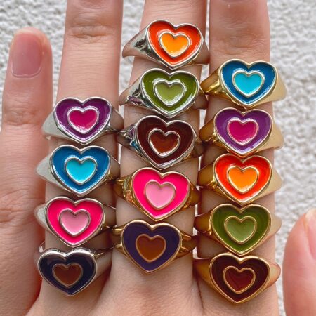 New Ins Creative Cute Colorful Double Layer Love Heart Ring Vintage Drop Oil Metal Heart Rings For Women Girls Fashion Jewelry 1